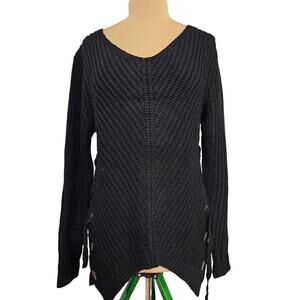 Venus Black Chunky Knit Sweater Lace-Up Sides V-Neck Size L Warm Cozy Winter